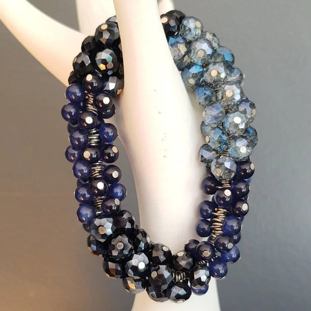 Blue glass and crystal beaded stretch bracelet